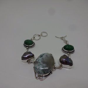Gorgeous "BARICSITE JASPER, BIWA PEARL, JADE" Handmade Sterling Bracelet